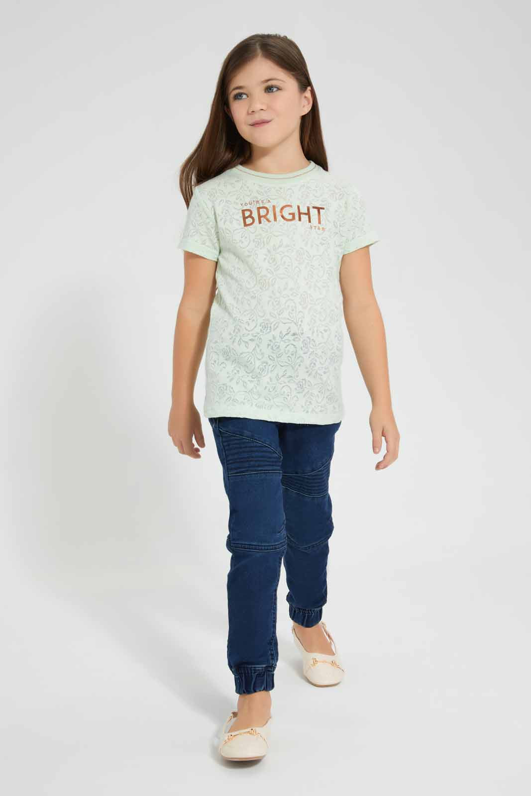 Redtag-Mint-Jacquard-T-Shirt-Graphic-T-Shirts-Girls-2 to 8 Years