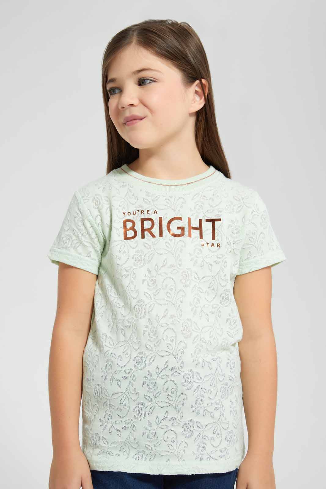 Redtag-Mint-Jacquard-T-Shirt-Graphic-T-Shirts-Girls-2 to 8 Years
