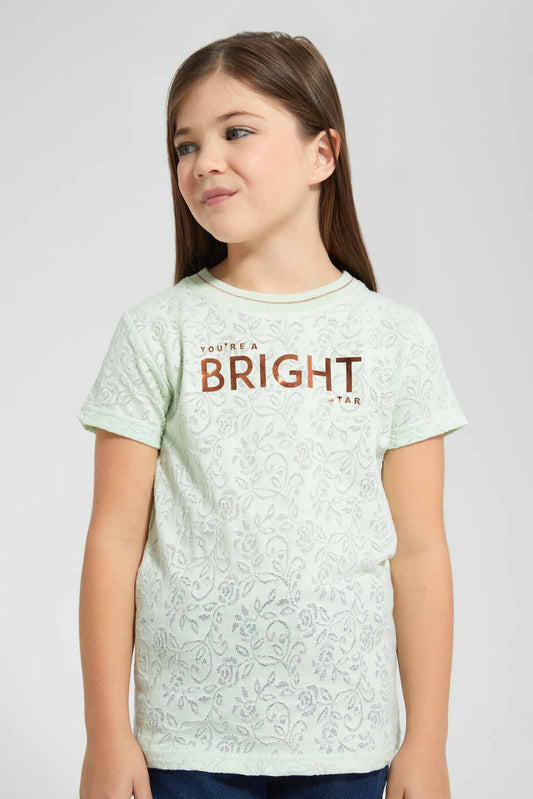 Redtag-Mint-Jacquard-T-Shirt-Graphic-T-Shirts-Girls-2 to 8 Years