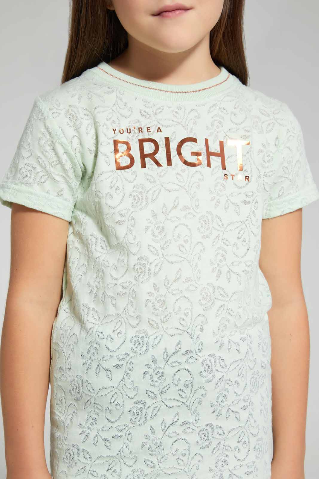Redtag-Mint-Jacquard-T-Shirt-Graphic-T-Shirts-Girls-2 to 8 Years