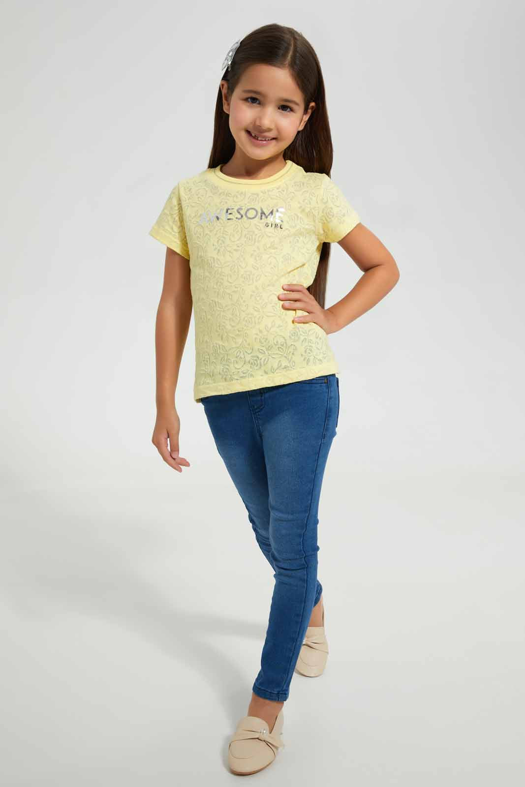 Redtag-Yellow-Jacquard-T-Shirt-Graphic-T-Shirts-Girls-2 to 8 Years