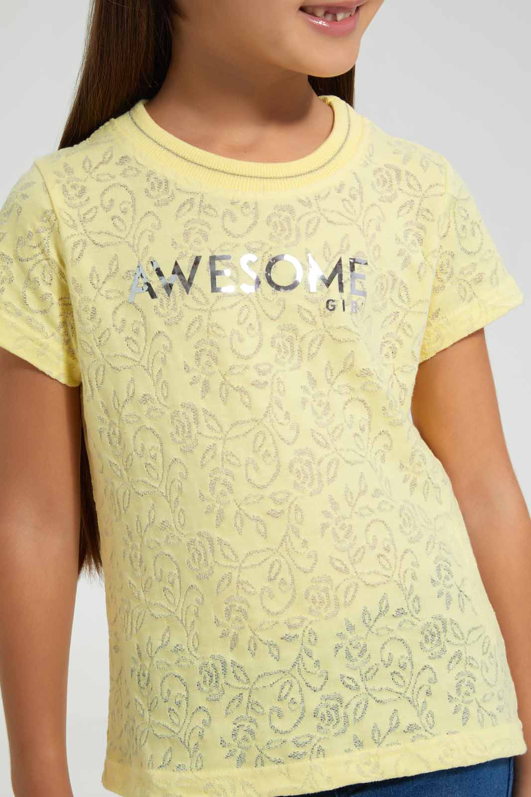 Redtag-Yellow-Jacquard-T-Shirt-Graphic-T-Shirts-Girls-2 to 8 Years