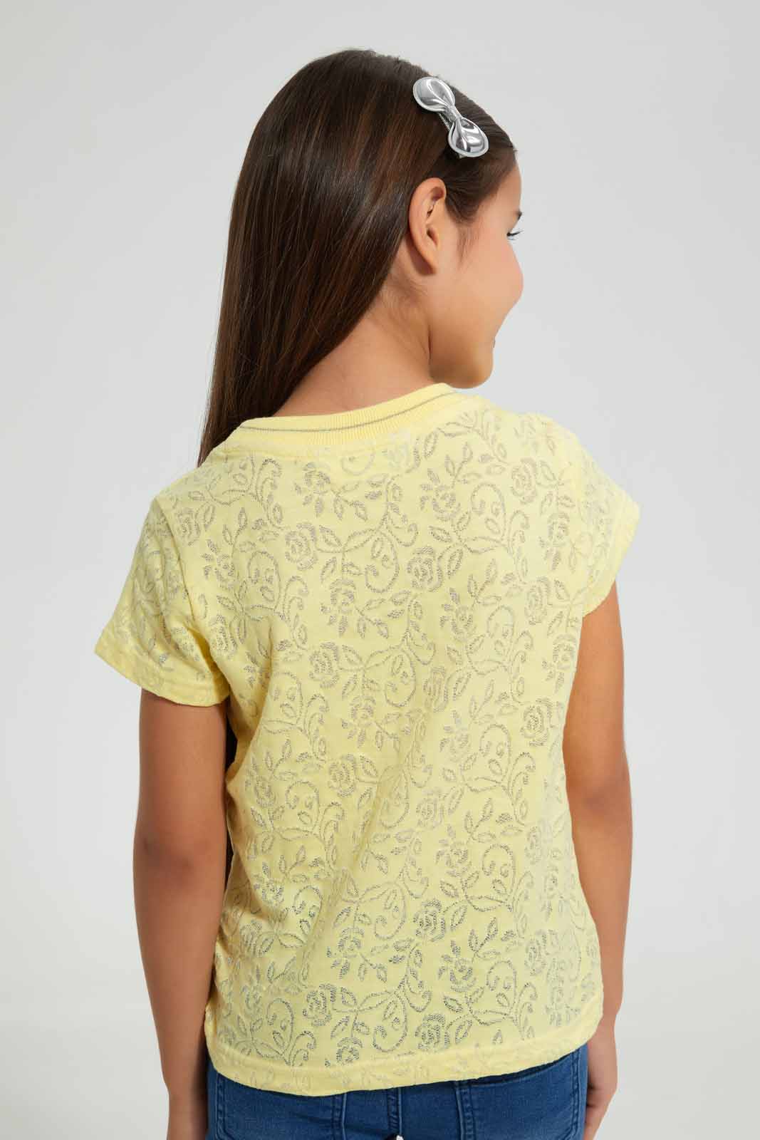 Redtag-Yellow-Jacquard-T-Shirt-Graphic-T-Shirts-Girls-2 to 8 Years