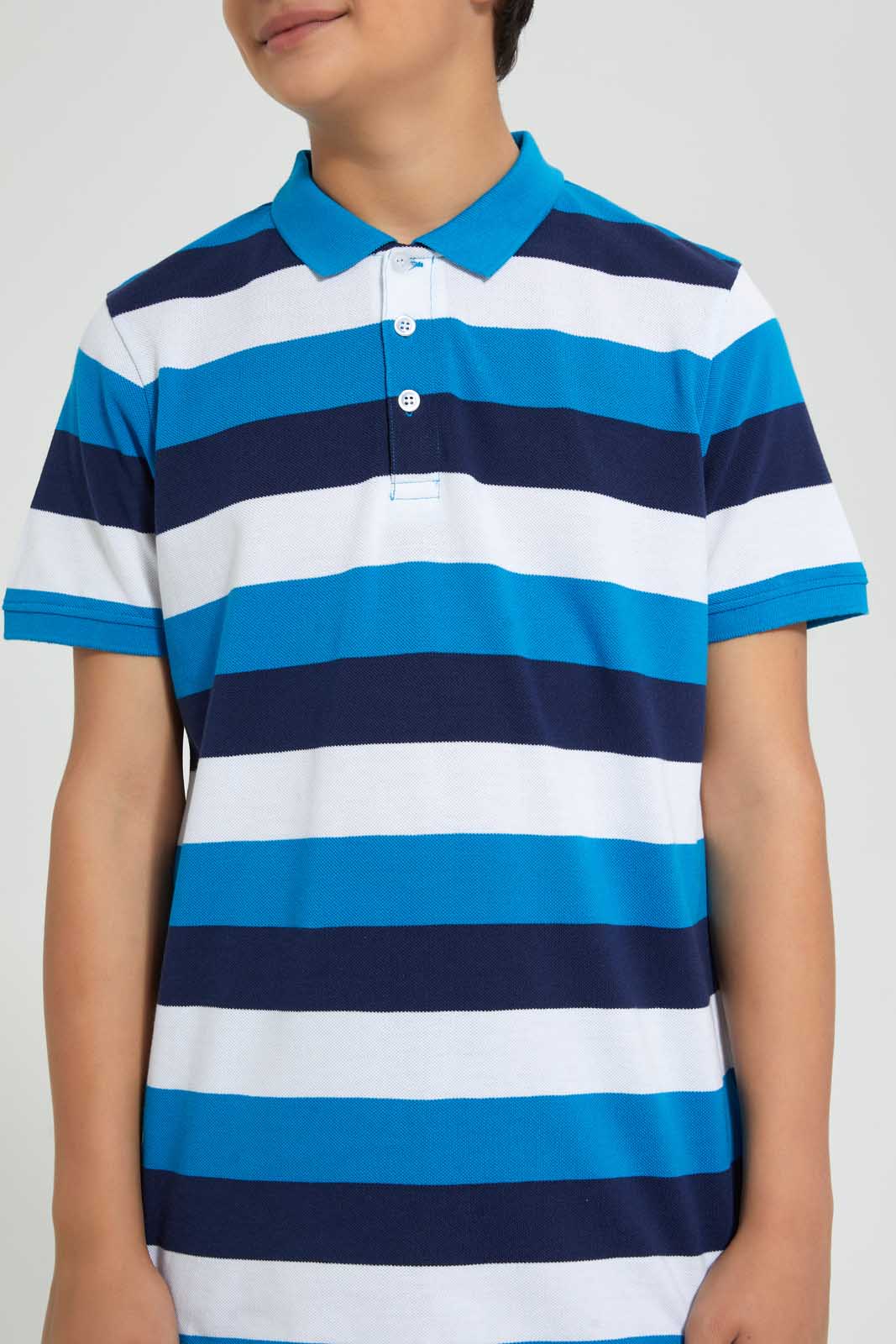 Redtag-Navy/Blue/White-Stripe-Polo-Tee-Polo-Shirts-Senior-Boys-9 to 14 Years