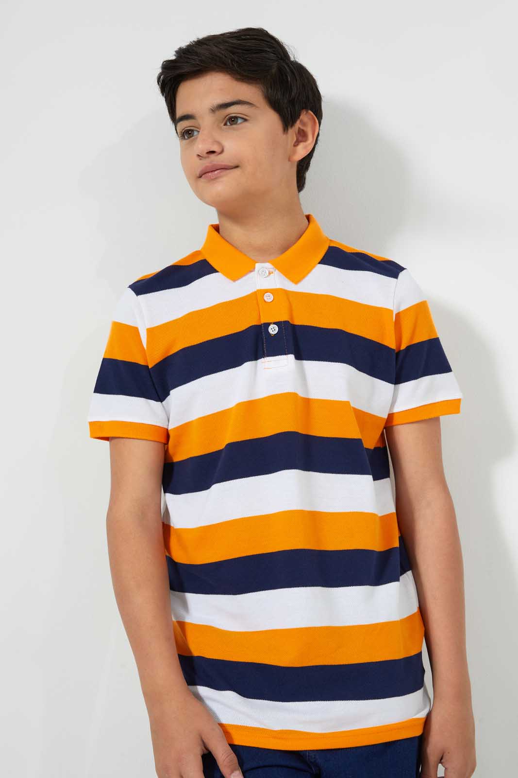 Redtag-Navy/Orange/White-Stripe-Polo-Tee-Polo-Shirts-Senior-Boys-9 to 14 Years
