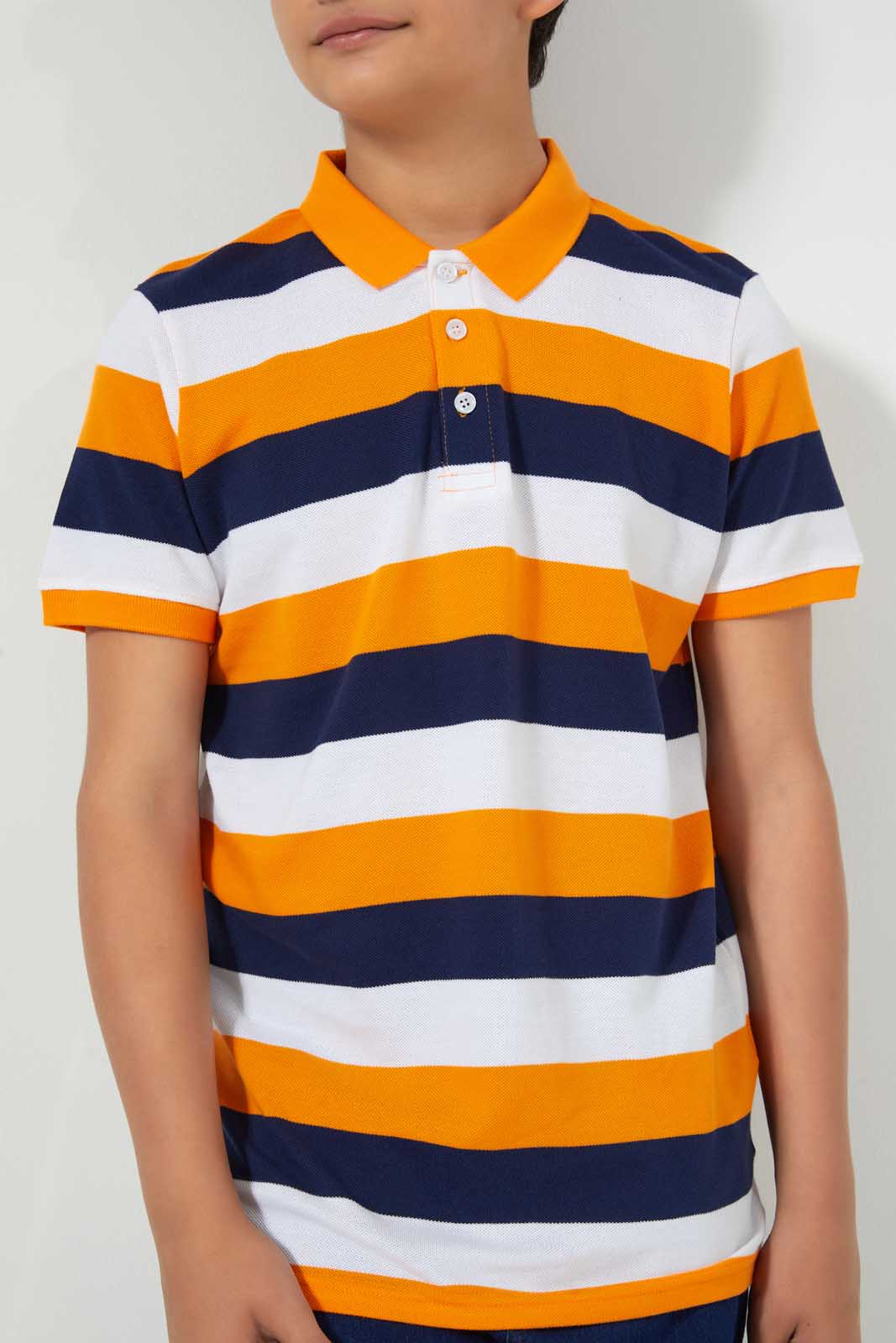 Redtag-Navy/Orange/White-Stripe-Polo-Tee-Polo-Shirts-Senior-Boys-9 to 14 Years