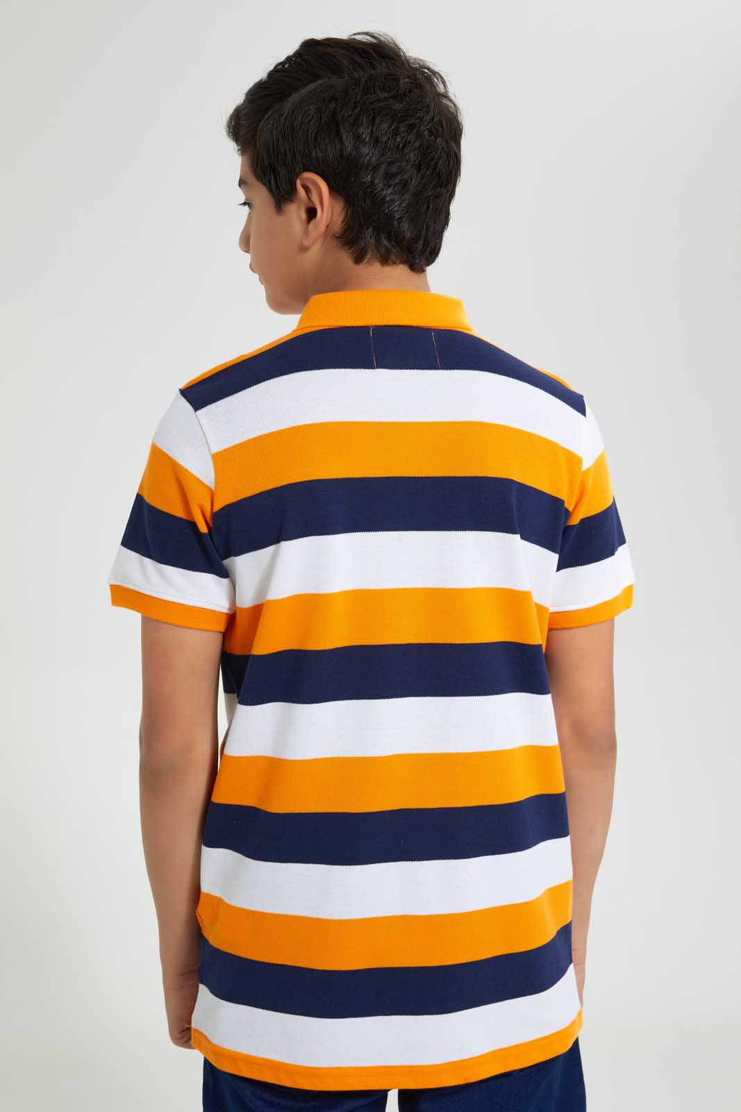 Redtag-Navy/Orange/White-Stripe-Polo-Tee-Polo-Shirts-Senior-Boys-9 to 14 Years