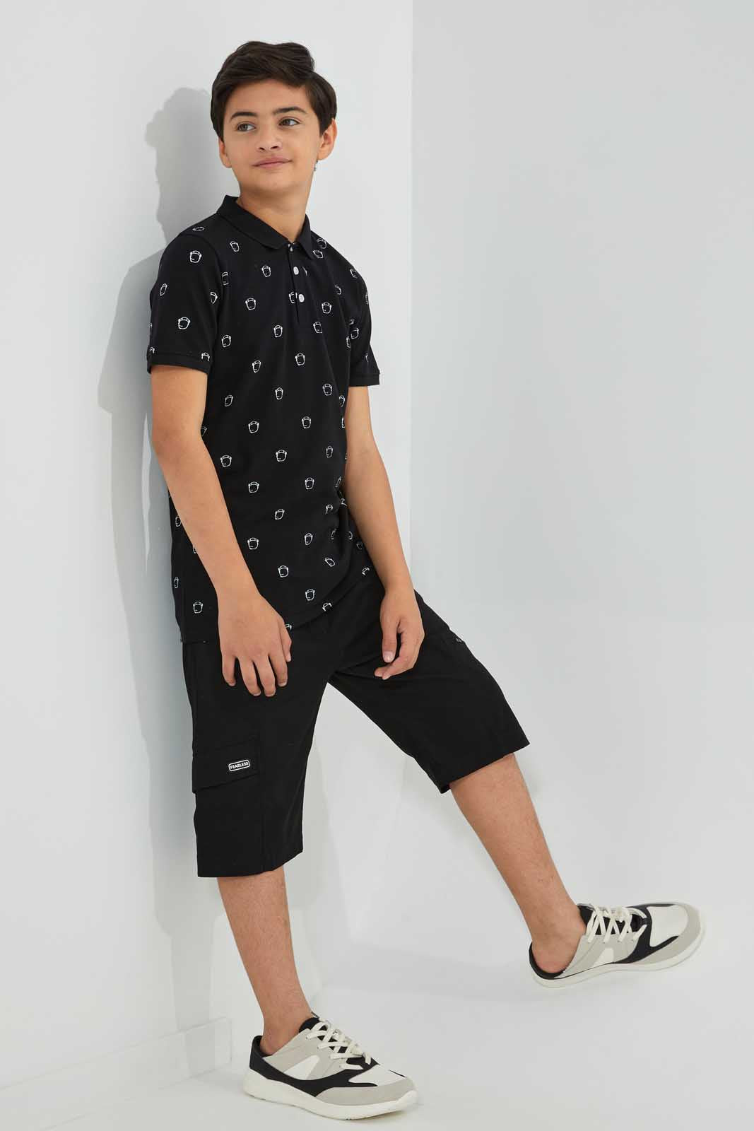 Redtag-Black-Aop-Polo-Tee-Polo-Shirts-Senior-Boys-9 to 14 Years