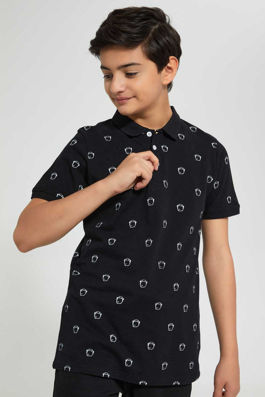 Redtag-Black-Aop-Polo-Tee-Polo-Shirts-Senior-Boys-9 to 14 Years