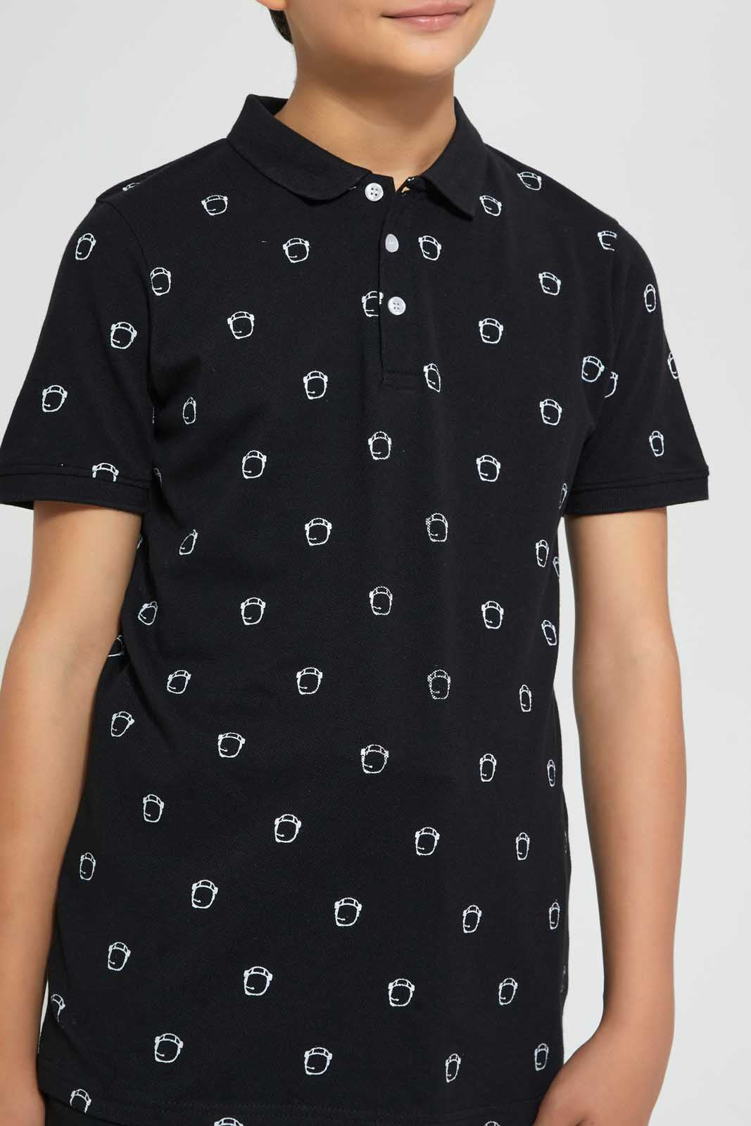 Redtag-Black-Aop-Polo-Tee-Polo-Shirts-Senior-Boys-9 to 14 Years
