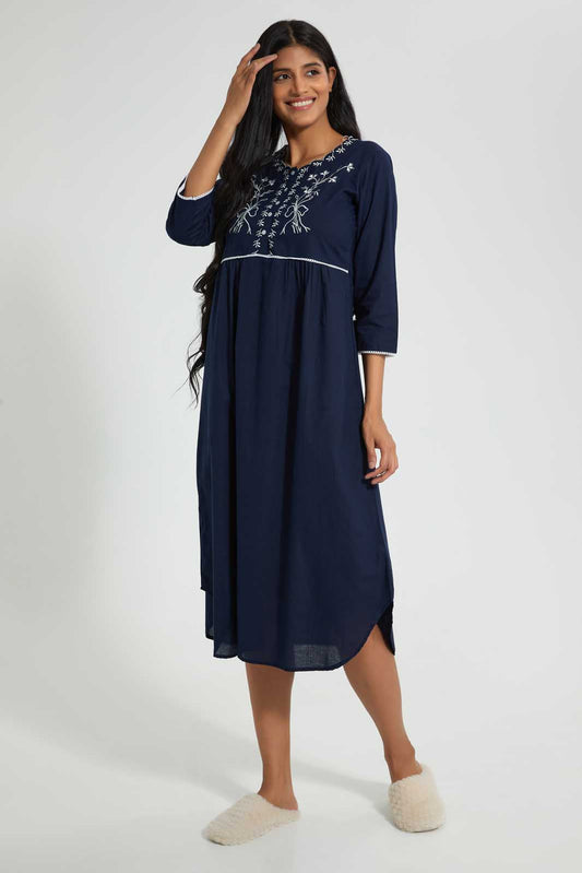Redtag-Assorted-Plain-Nightgown-With-Embroidery-Nightgowns-Women's-