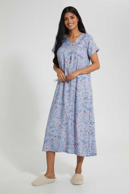 Redtag-Blue-Floral-Printed-Nightgown-Nightgowns-Women's-