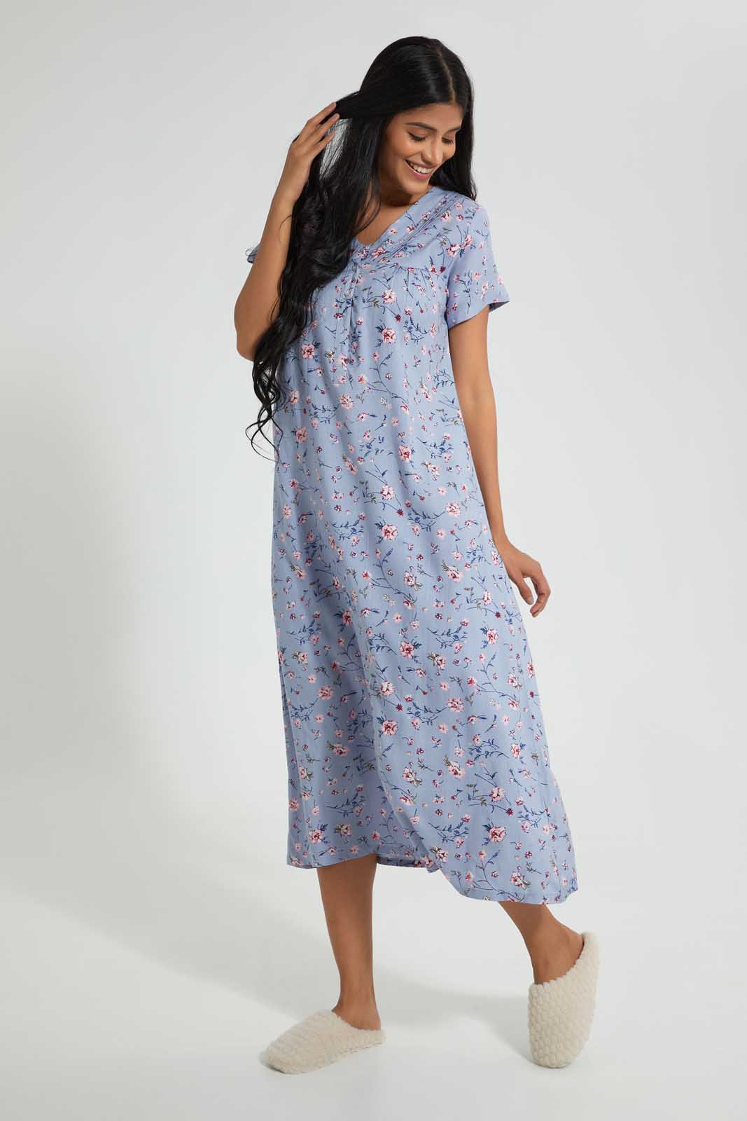 Redtag-Blue-Floral-Printed-Nightgown-Nightgowns-Women's-