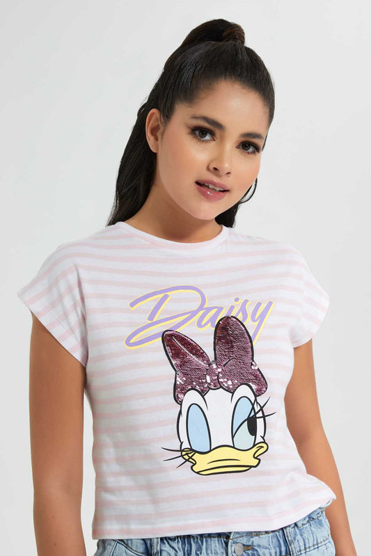 Redtag-Assorted-Daisy-Striped-Embellished-Character-T-Shirt-Striped-T-Shirts-Women's-