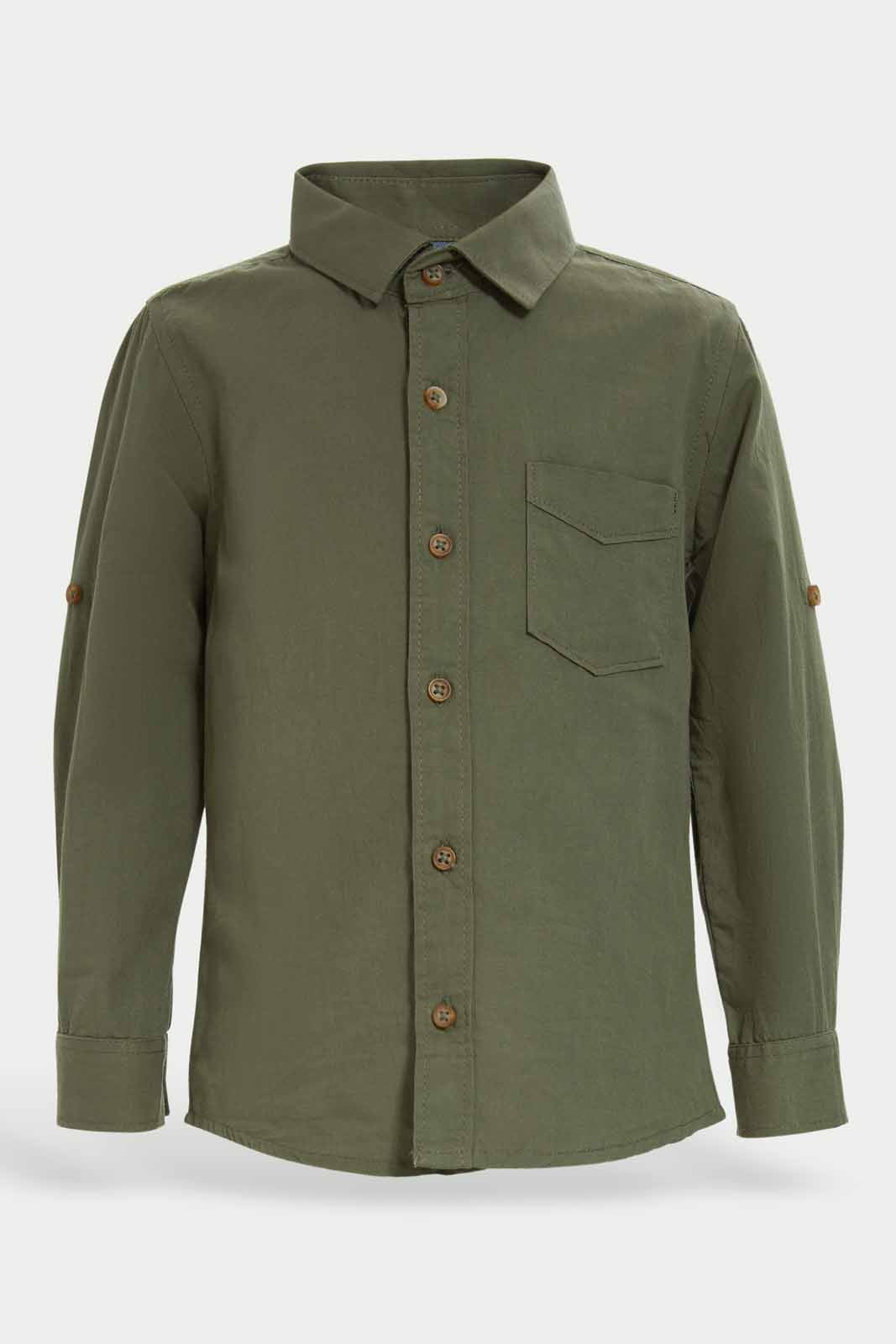 Redtag-Olive-Poplin-Long-Slv-Shirt-Category:Shirts,-Colour:Olive,-Dept:Boys,-Filter:Infant-Boys-(3-to-24-Mths),-INB-Shirts,-Non-Sale,-S22C,-Section:Boys-(0-to-14Yrs)-Infant-Boys-