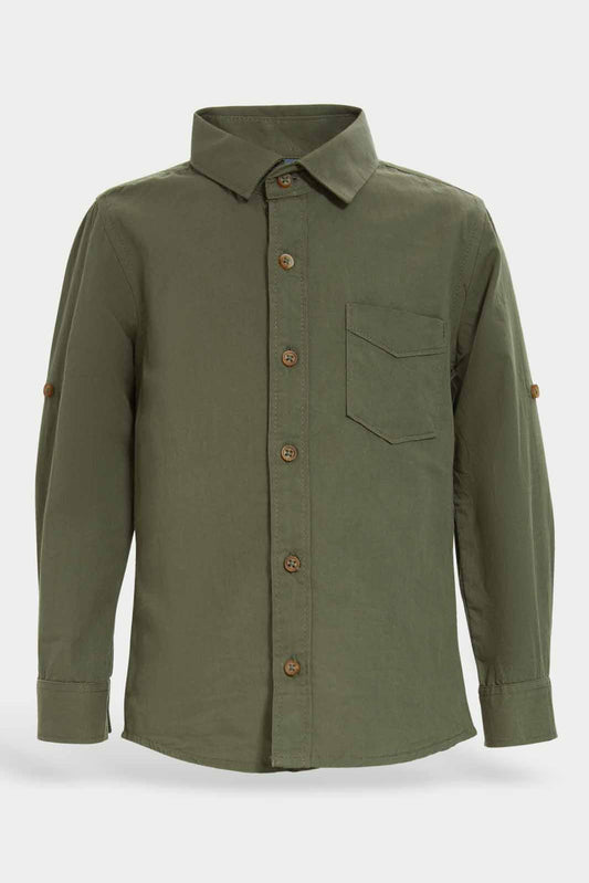 Redtag-Olive-Poplin-Long-Slv-Shirt-Category:Shirts,-Colour:Olive,-Dept:Boys,-Filter:Infant-Boys-(3-to-24-Mths),-INB-Shirts,-Non-Sale,-S22C,-Section:Boys-(0-to-14Yrs)-Infant-Boys-