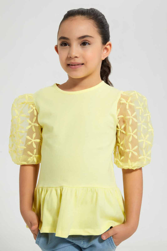Yellow Puffed Organza Sleeve Blouse