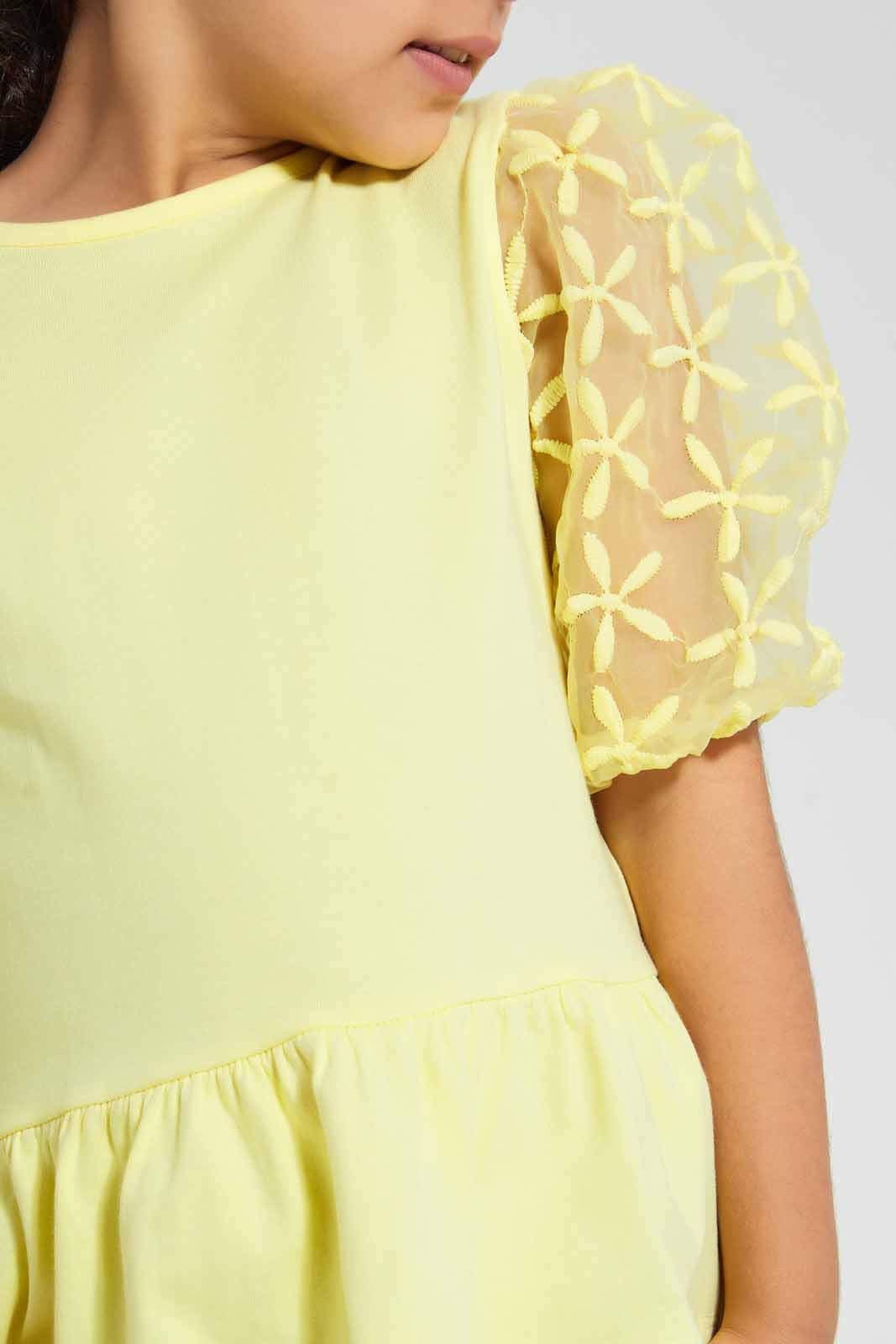 Yellow Puffed Organza Sleeve Blouse
