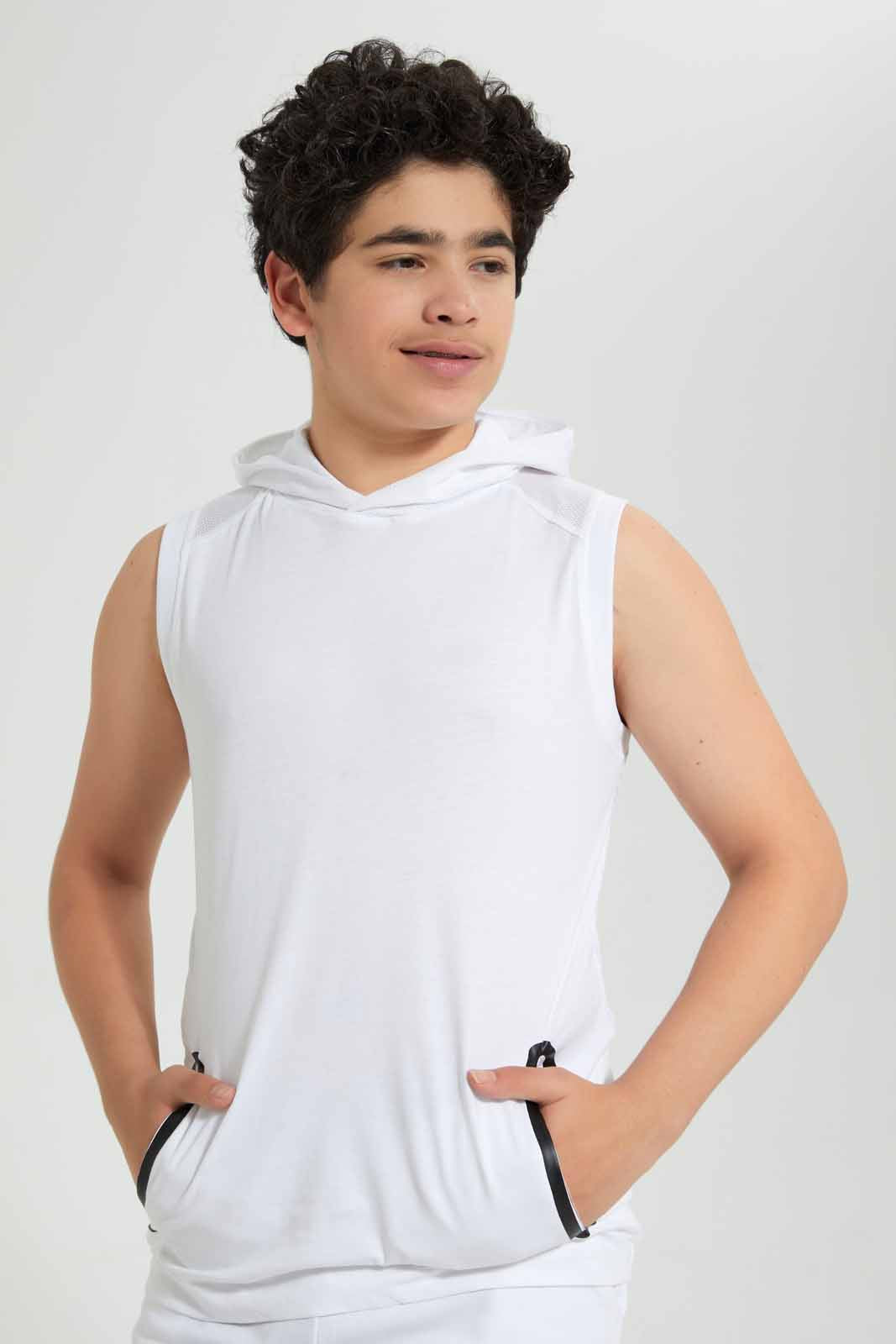 Redtag-White-Plain-Hoody-Sleveeless-T-Shirt-BSR-T-Shirts,-Category:T-Shirts,-Colour:White,-Deals:New-In,-Filter:Senior-Boys-(9-to-14-Yrs),-New-In-BSR,-Non-Sale,-S22C,-Section:Boys-(0-to-14Yrs)-Senior-Boys-9 to 14 Years