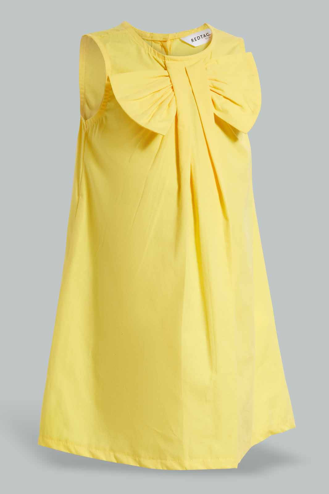 Redtag-Yellow-Bow-Neck-Dress-Dresses-Girls-2 to 8 Years