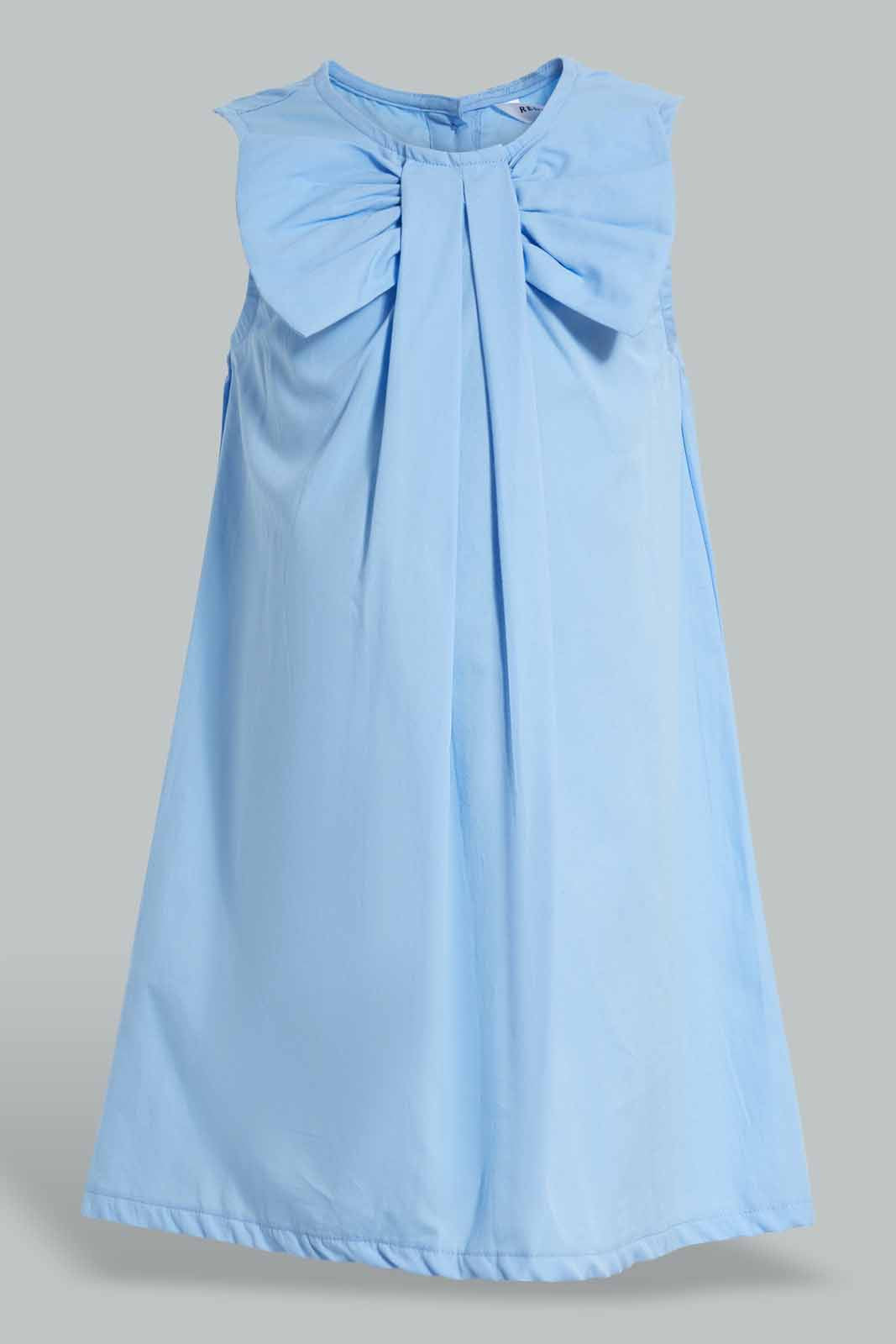 Redtag-Blue-Bow-Neck-Dress-Dresses-Girls-2 to 8 Years