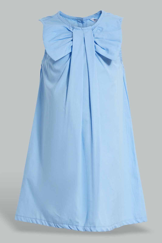 Redtag-Blue-Bow-Neck-Dress-Dresses-Girls-2 to 8 Years