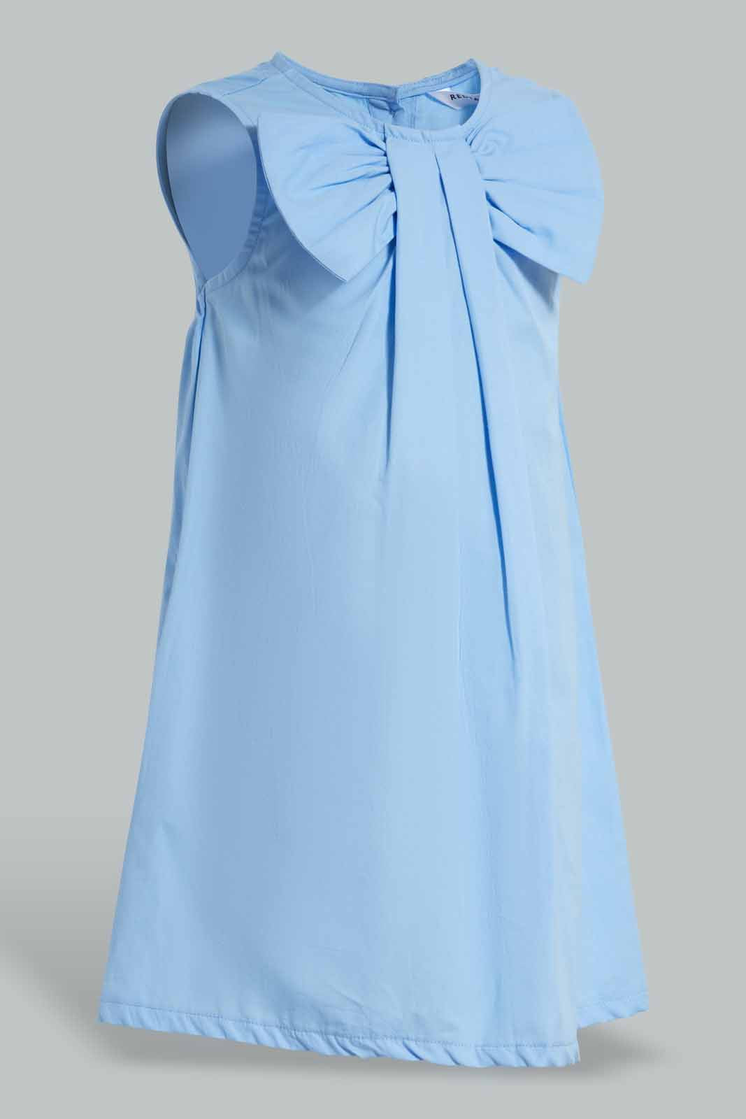 Redtag-Blue-Bow-Neck-Dress-Dresses-Girls-2 to 8 Years