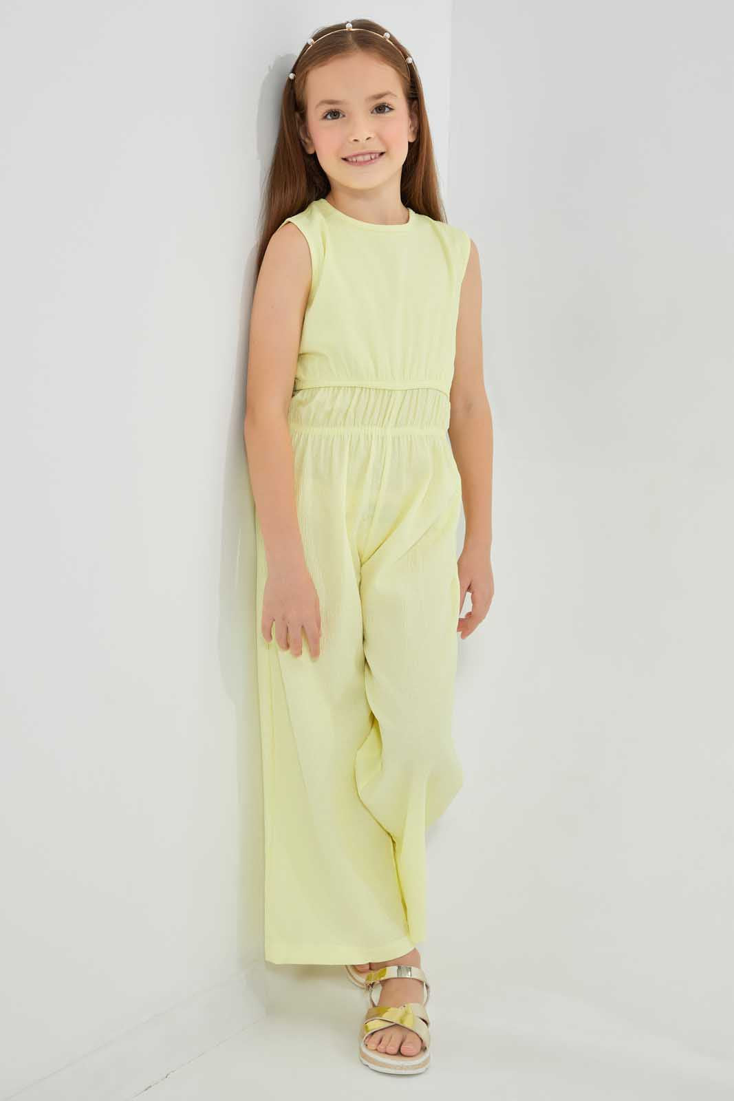 Redtag-Yellow-Elasticated-Waistband-Jumpsuit-Category:Jumpsuits,-Colour:Yellow,-Deals:4-For-90,-Deals:Sale,-Filter:Girls-(2-to-8-Yrs),-Girls-Jumpsuits,-S22C,-Sale-GIR-APL,-Section:Girls-(0-to-14Yrs)-Girls-2 to 8 Years