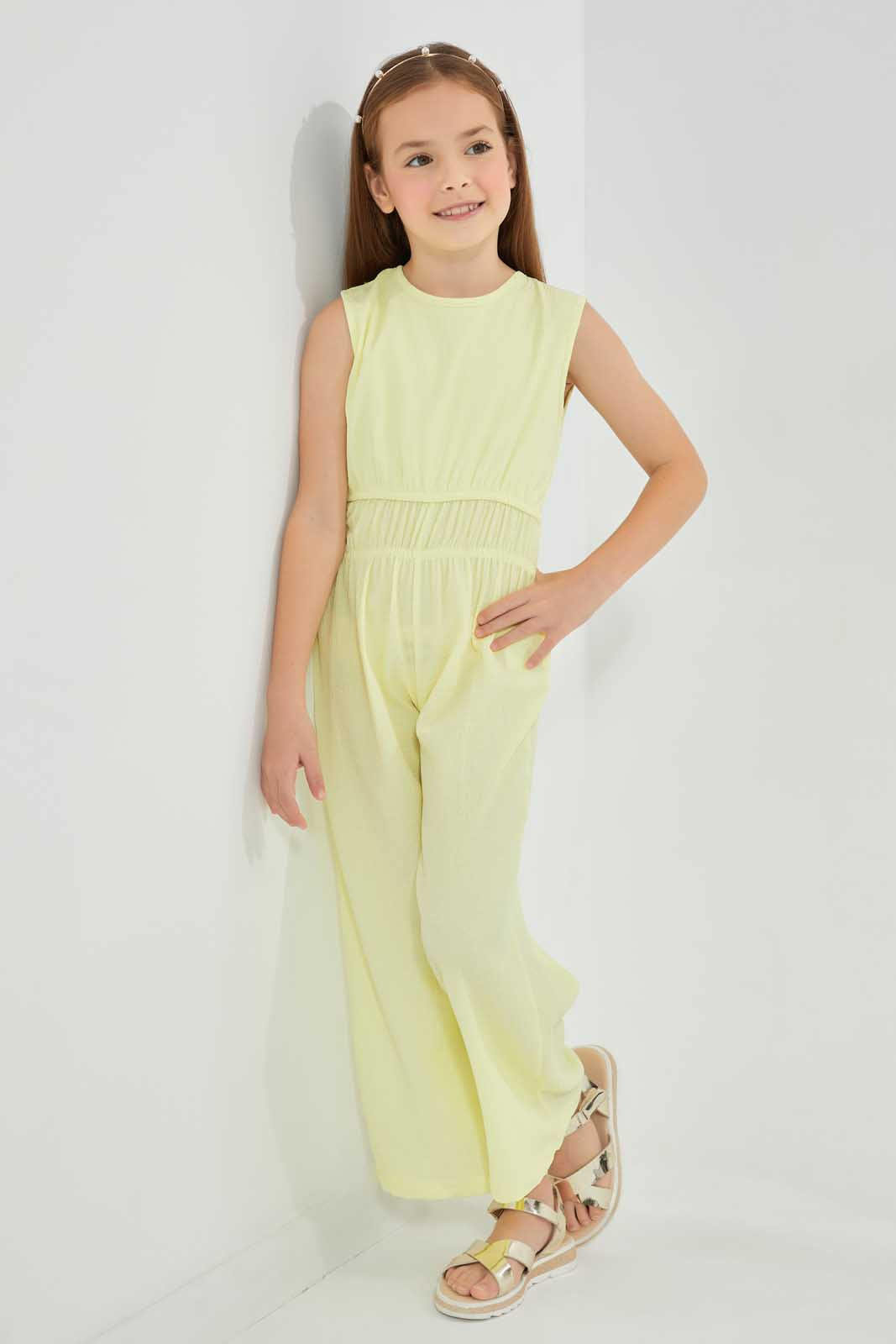 Redtag-Yellow-Elasticated-Waistband-Jumpsuit-Category:Jumpsuits,-Colour:Yellow,-Deals:4-For-90,-Deals:Sale,-Filter:Girls-(2-to-8-Yrs),-Girls-Jumpsuits,-S22C,-Sale-GIR-APL,-Section:Girls-(0-to-14Yrs)-Girls-2 to 8 Years