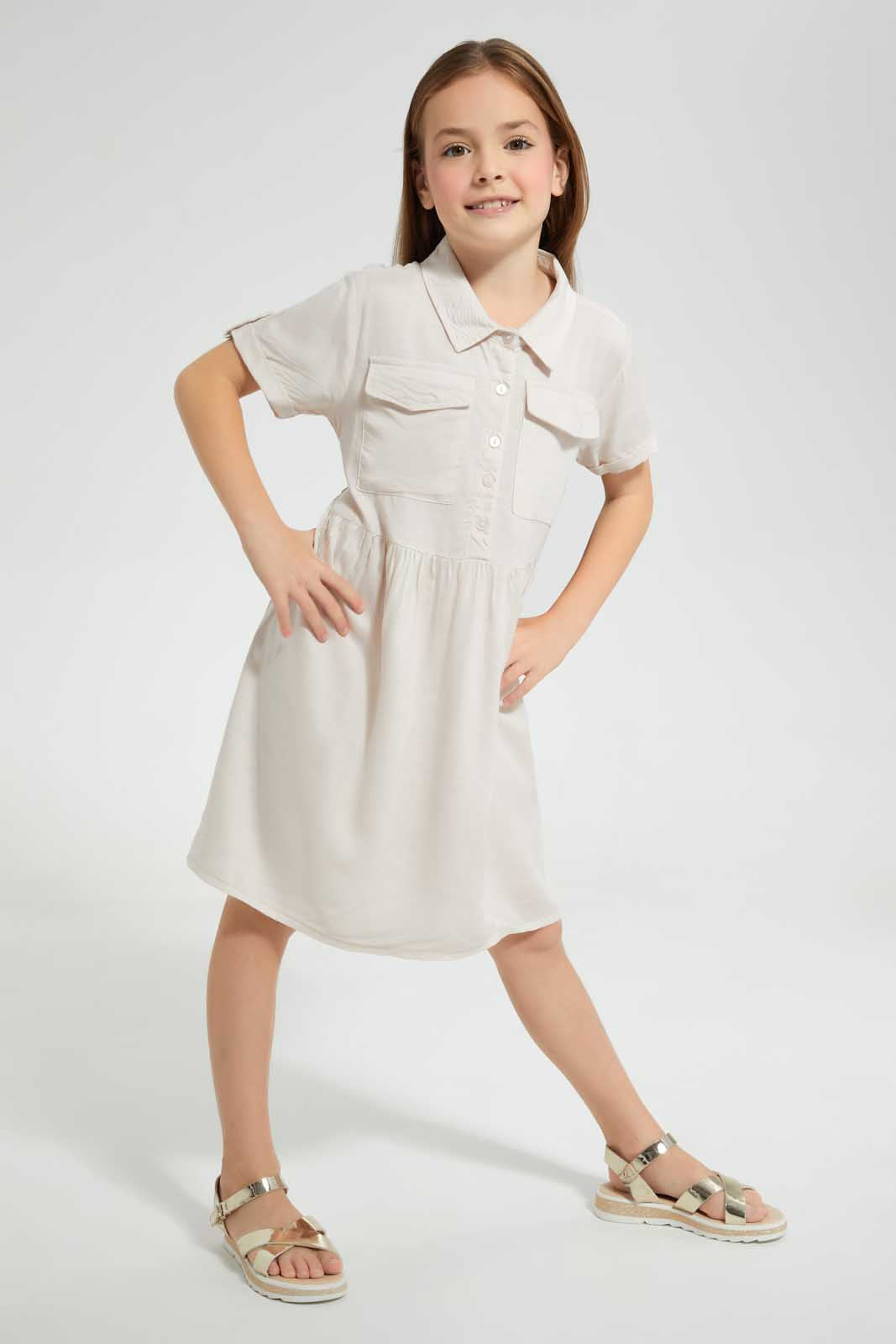 Redtag-Beige-Shirt-Dress-Dresses-Girls-2 to 8 Years