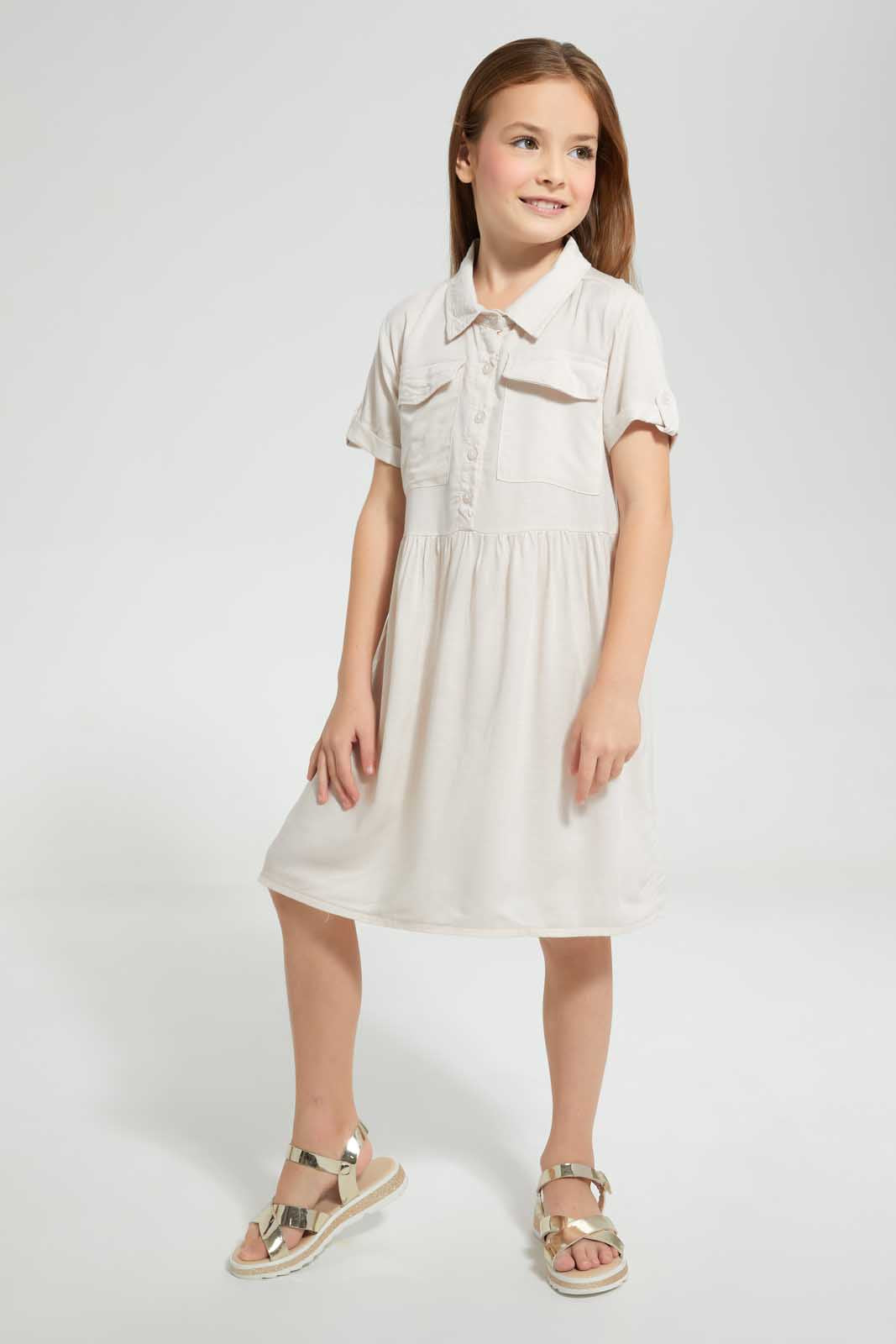 Redtag-Beige-Shirt-Dress-Dresses-Girls-2 to 8 Years