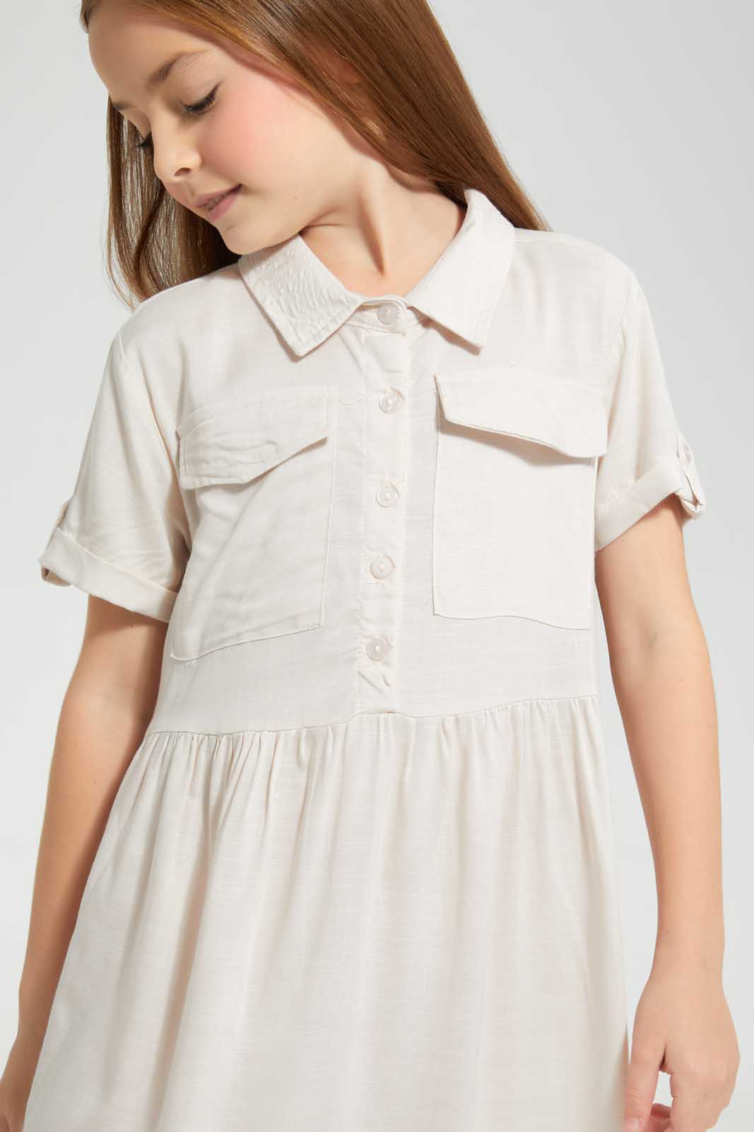 Redtag-Beige-Shirt-Dress-Dresses-Girls-2 to 8 Years