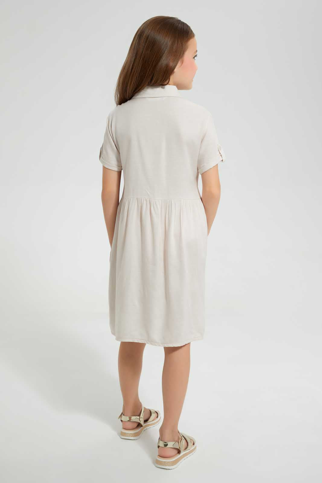 Redtag-Beige-Shirt-Dress-Dresses-Girls-2 to 8 Years