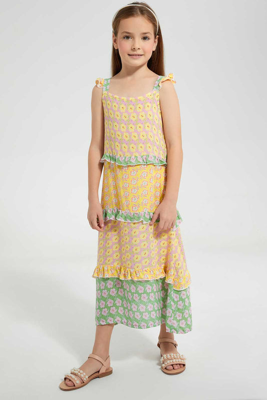 Yellow And Mint Tiered Maxi Dress