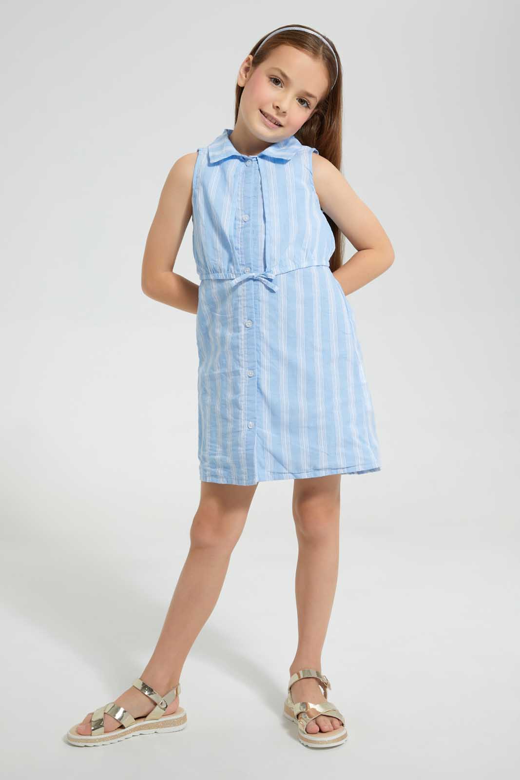 Redtag-Blue-Stripped-Shirt-Dress-Dresses-Girls-2 to 8 Years