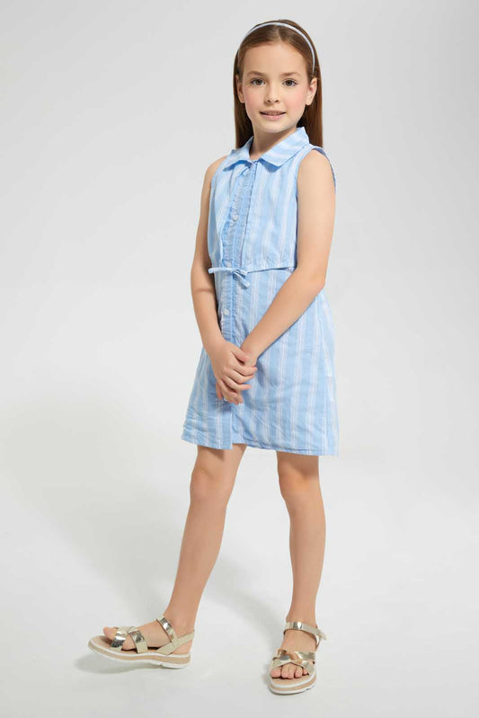 Redtag-Blue-Stripped-Shirt-Dress-Dresses-Girls-2 to 8 Years