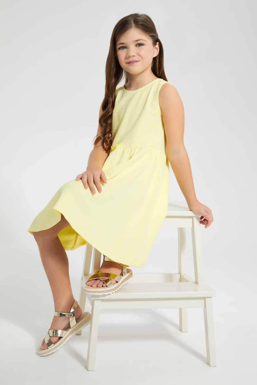 Redtag-Yellow-Textured-Knitted-Dress-Dresses-Girls-2 to 8 Years