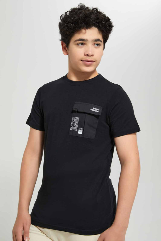 Redtag-Black-Patch-Pocket-&-Print-At-The-Back-Tee-Graphic-T-Shirts-Senior-Boys-9 to 14 Years