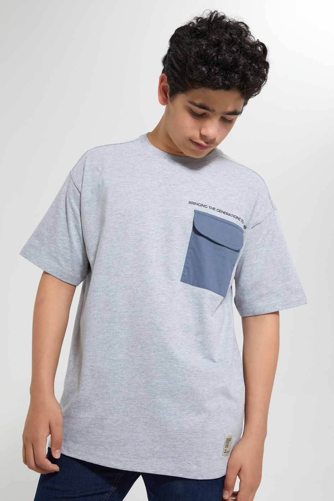 Redtag-Grey-Melange-Oversize-Pocket-Tee-Graphic-T-Shirts-Senior-Boys-9 to 14 Years