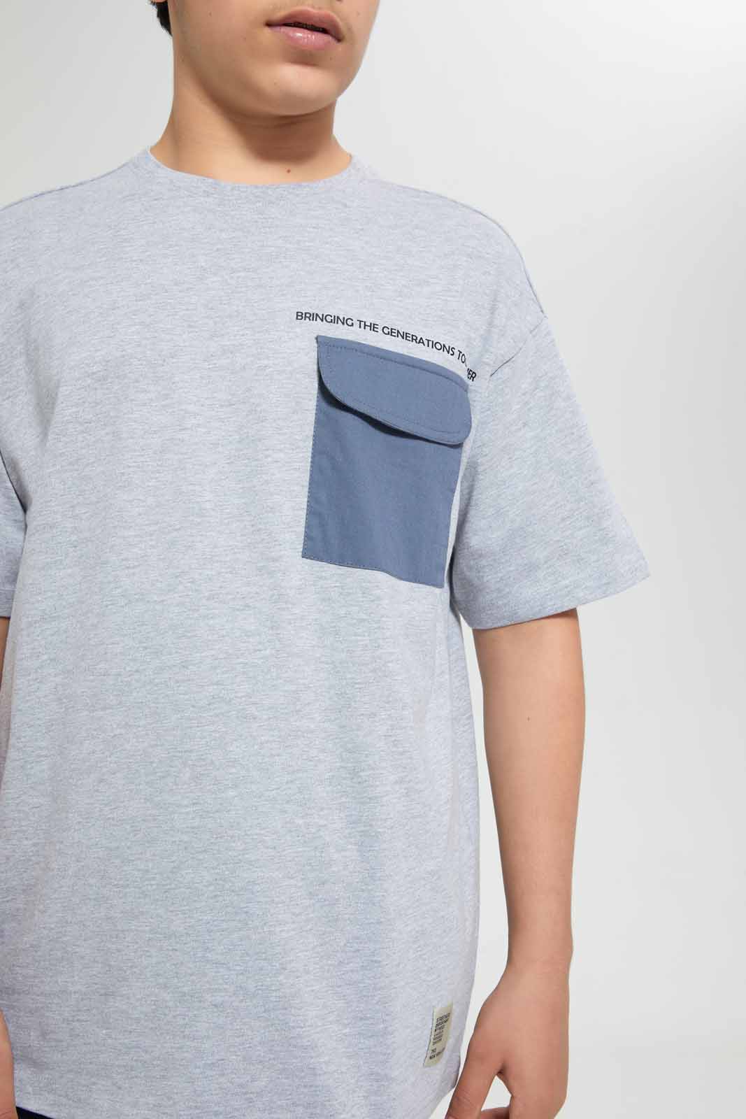 Redtag-Grey-Melange-Oversize-Pocket-Tee-Graphic-T-Shirts-Senior-Boys-9 to 14 Years