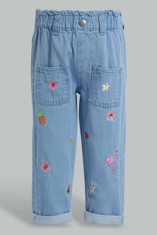 Redtag-Blue-All-Over-Embroidery-Jogger-Jeans-Harem-Fit-Infant-Girls-3 to 24 Months