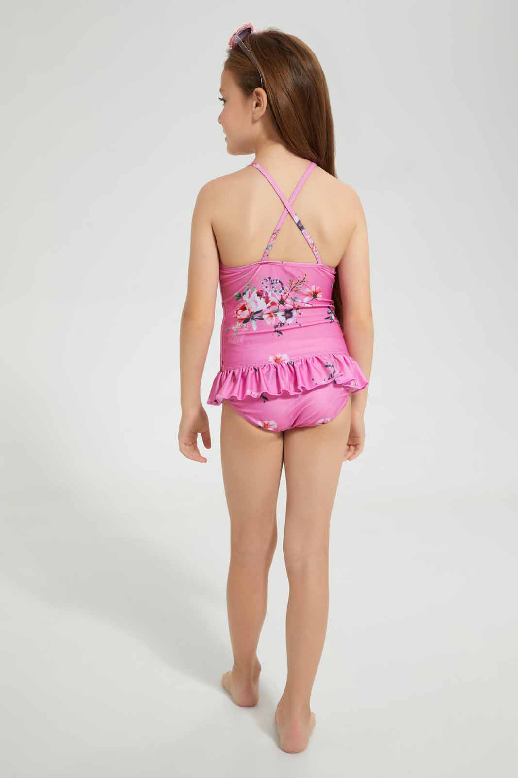 Redtag-Pink-Floral-Printed-Swimsuit-Swimsuits-Girls-2 to 8 Years