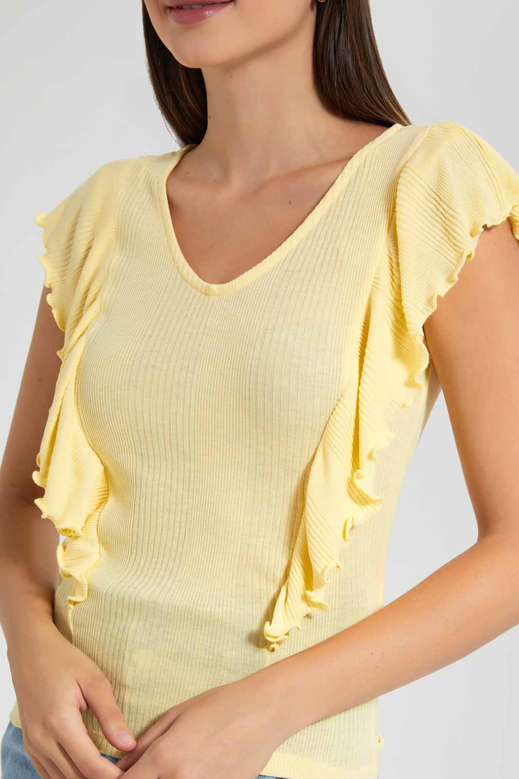 Redtag-Yellow-Frill-Detail-Rib-Top-Category:Tops,-Colour:Yellow,-Filter:Women's-Clothing,-New-In,-New-In-Women,-Non-Sale,-RMD-add,-S22C,-Section:Women,-Women-Tops-Women's-