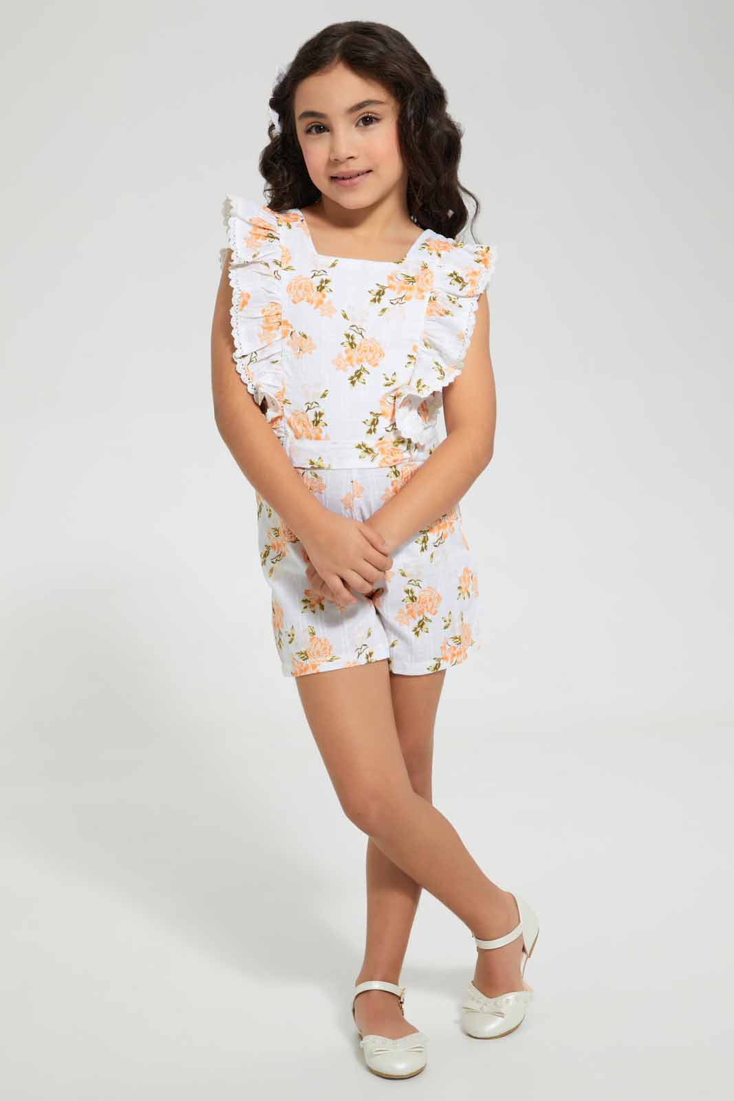 Redtag-Peach-Schiffli-Printed-Printed-Playsuit-Playsuits-Girls-2 to 8 Years