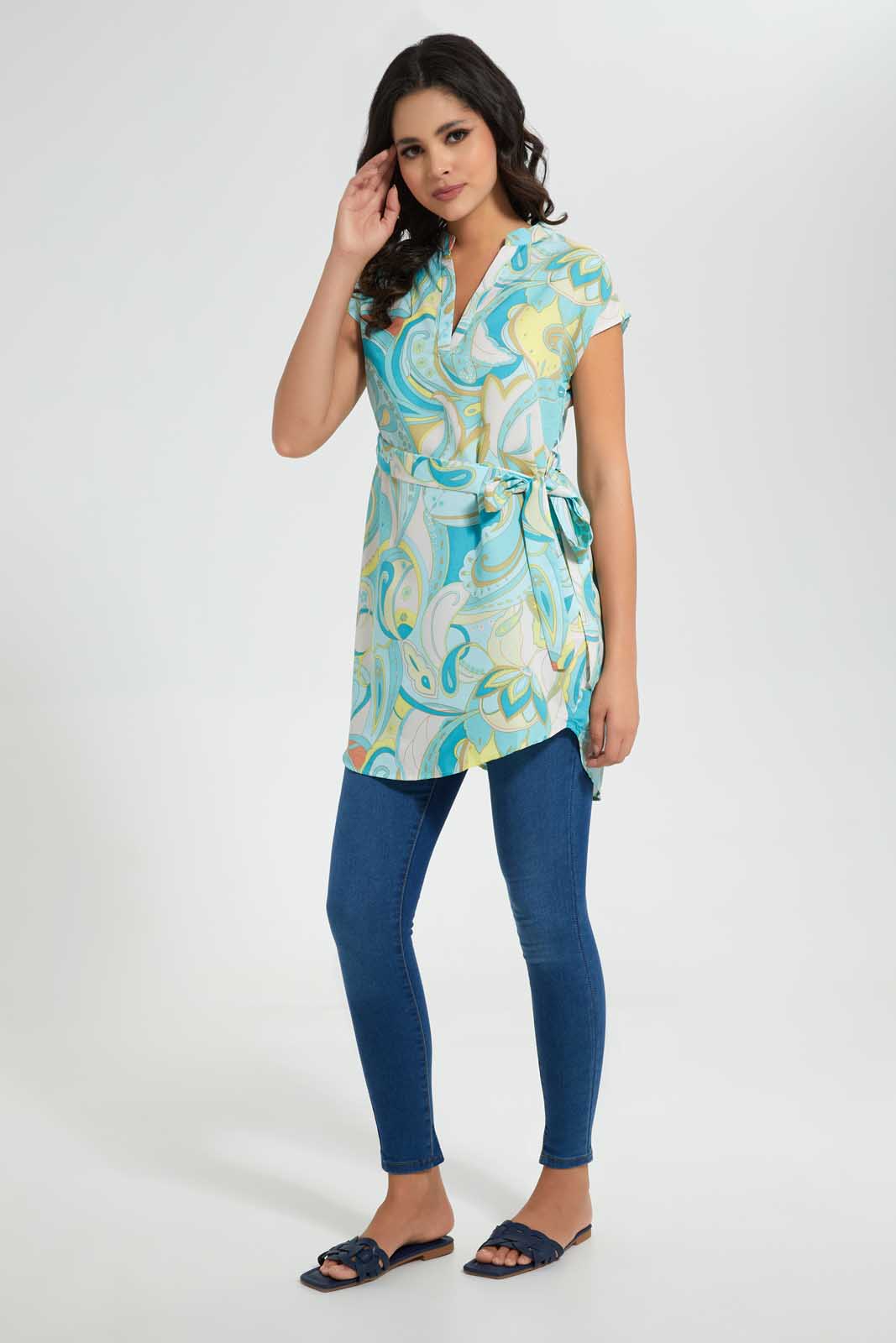 Redtag-Printed-Belted-Tunic-Dress-Blouses-Women's-