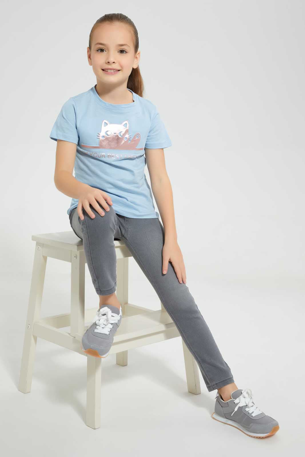 Redtag-Sky-Blue-Girls-Embossed-Printed-T-Shirt-Graphic-T-Shirts-Girls-2 to 8 Years