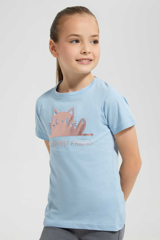 Redtag-Sky-Blue-Girls-Embossed-Printed-T-Shirt-Graphic-T-Shirts-Girls-2 to 8 Years