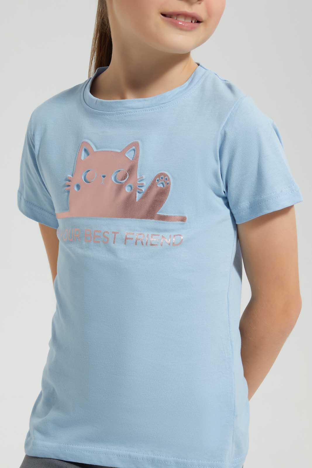 Redtag-Sky-Blue-Girls-Embossed-Printed-T-Shirt-Graphic-T-Shirts-Girls-2 to 8 Years