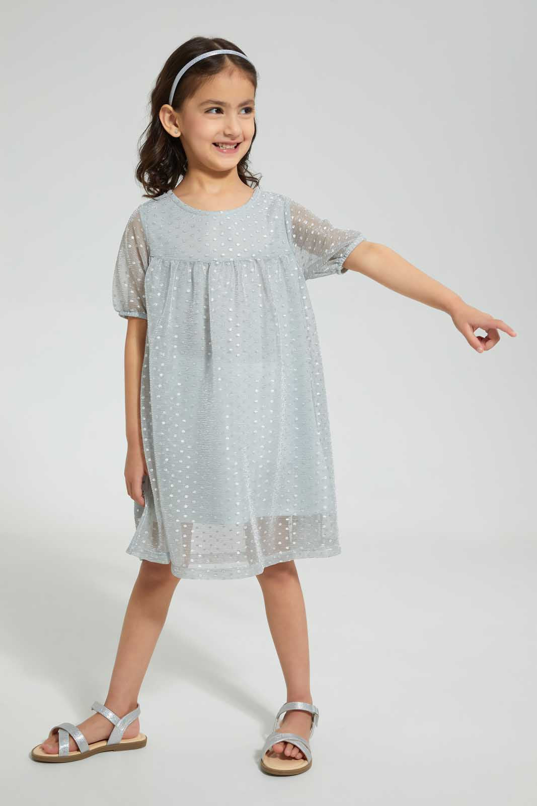 Redtag-Grey-Foil-Printed-Dress-Dresses-Girls-2 to 8 Years
