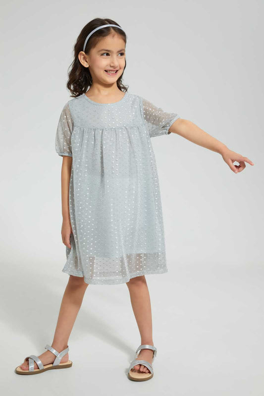 Redtag-Grey-Foil-Printed-Dress-Dresses-Girls-2 to 8 Years